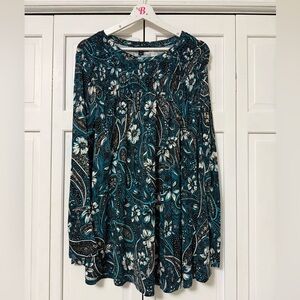NWT Lane Bryant Teal/Black Paisley Floral Pattern 3/4 Sleeve Blouse Fit & Flare